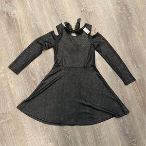 Bebe girls black metallic cold shoulder dress.
